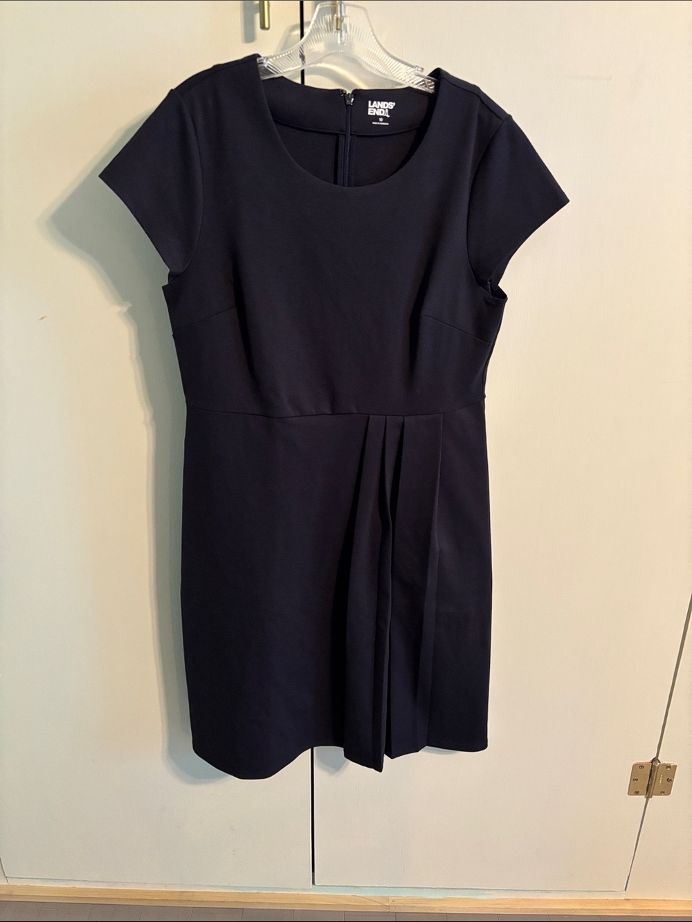 Lands' End Navy Cap-Sleeve Pleat-Front Sheath Dress